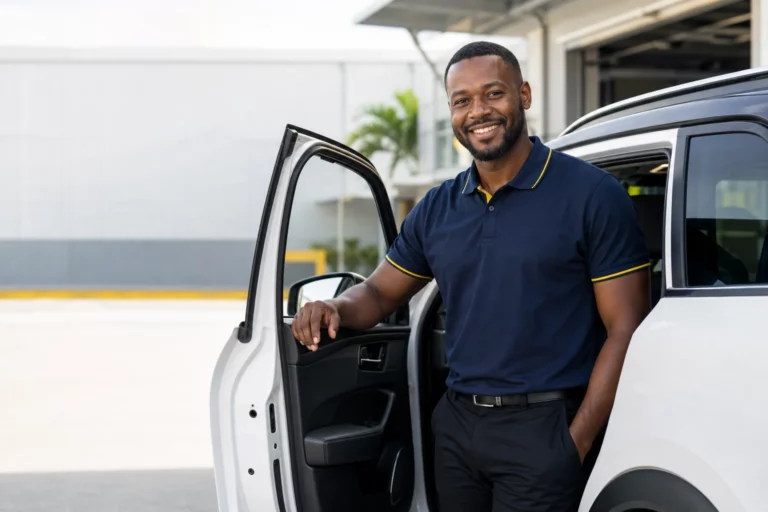 Professional chauffeur beside a premium vehicle